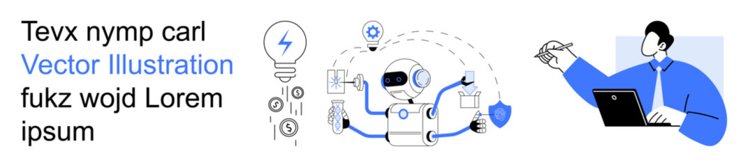 Artificial intelligence, technology, communication, innovation, programming, robotics. A human pointing at a tablet and a robot surrounded by icons. Artificial intelligence and technology concept