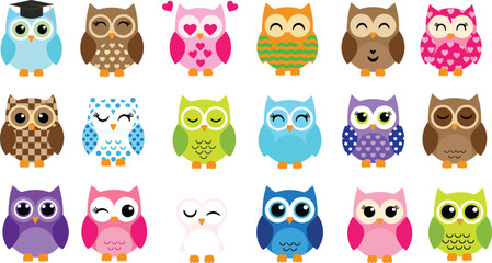Obraz premium Collection of cute colorful owl characters with various patterns and expressions including graduation cap heart eyes and sleepy faces for nursery decor and stickers.