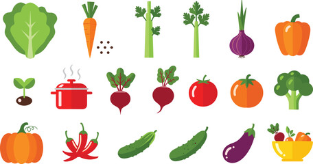 Fototapeta premium Fresh organic vegetable icon set featuring carrot lettuce broccoli pumpkin tomato eggplant chili pepper onion radish bell pepper and cooking pots for healthy food design.
