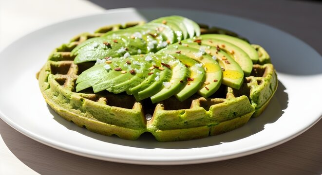 Green Spinach Waffle with Avocado Slices, Healthy Breakfast Food Photography