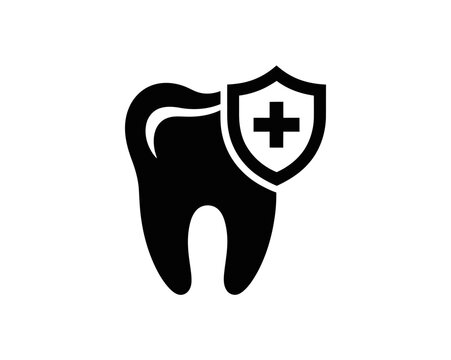A black and white vector graphic of a tooth with a shield and cross symbolizing dental health and protection