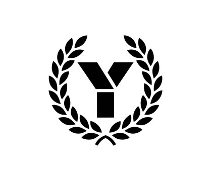A minimalist vector graphic of a laurel wreath with a stylized letter Y logo in black on a white background