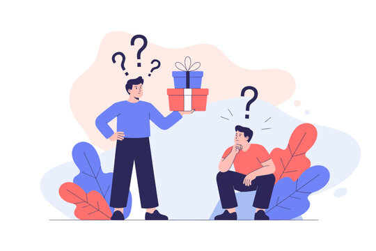 A vector graphic illustration of two men with question marks thinking about a gift
