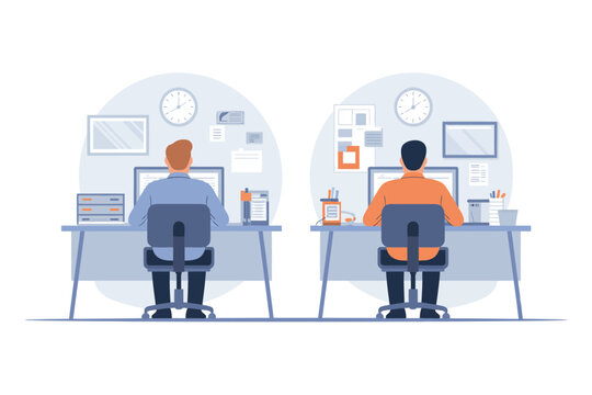 Two office workers sitting at desks in a modern workspace with computers and office supplies