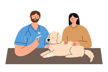 Veterinarian giving vaccination to dog while owner supports the pet. Pet clinic appointment illustration for veterinary care, animal health services, medical design. Flat vector illustration.