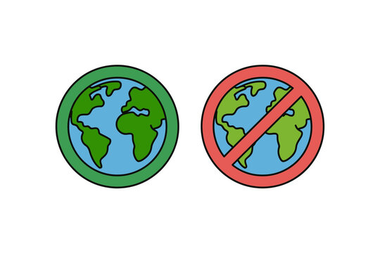 A vector graphic illustration of two contrasting earth icons representing environmental awareness and prohibition