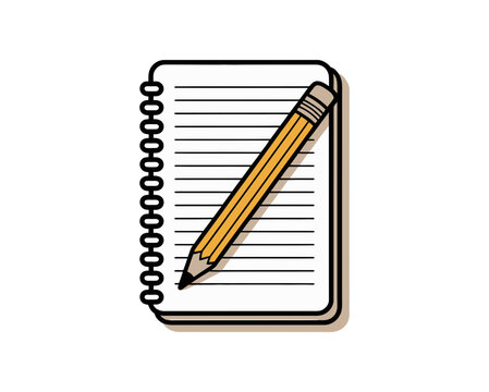 A colorful illustration of a spiral notebook with a pencil on top, perfect for writing and drawing.