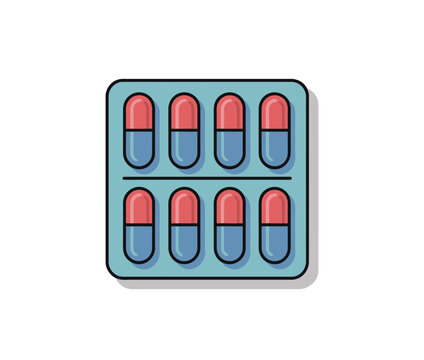 A vector graphic illustration of a blister pack of red and blue capsules on a white background