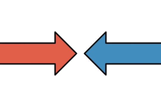 A vector graphic illustration of two opposing arrows in red and blue colors, symbolizing contrasting directions or choices.