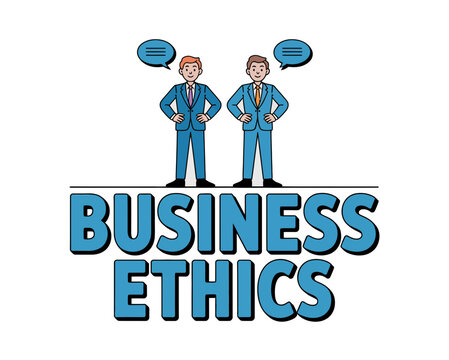 A vector graphic illustration of two businessmen discussing business ethics in a modern flat design style