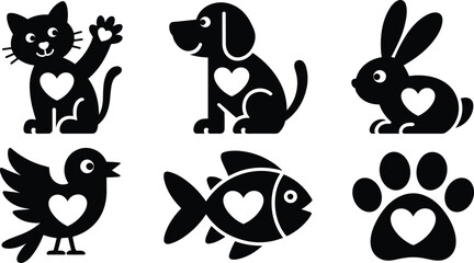 Cute animal silhouette icons with heart shapes, cat dog rabbit bird fish and paw print, black vector set isolated on white background © SREEMOTIDIPIKA