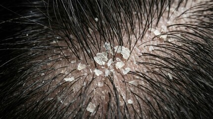 Fototapeta premium Macro view human scalp showing severe dandruff flakes. Highlights dermatological issues and scalp hygiene. Ideal for medical articles or hair care advertisements.