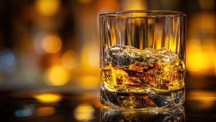 Glass tumbler filled with amber spirit and ice cubes rests upon a reflective surface.