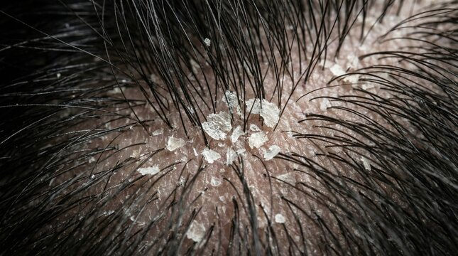 Macro view human scalp showing severe dandruff flakes. Highlights dermatological issues and scalp hygiene. Ideal for medical articles or hair care advertisements.