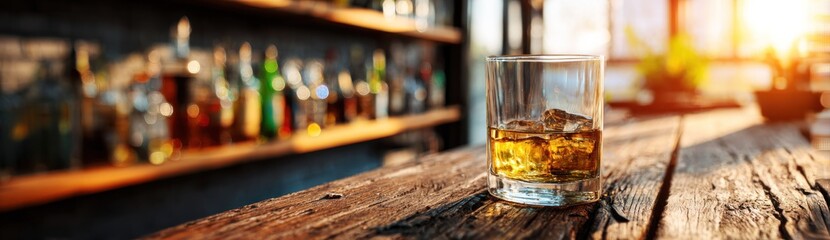 Chilled amber spirit sits on a weathered wooden surface inside a dimly lit establishment.