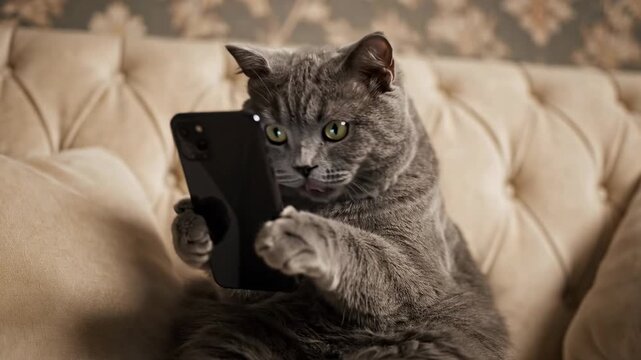 A gray cat sits on a couch while intently looking at a mobile phone