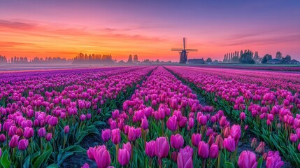 Fototapeta premium Vibrant purple tulips stretch toward a wooden windmill under a dramatic sunrise sky of orange, pink, and purple. Mist hovers low distant trees and farm buildings visible. Leading guide the eye
