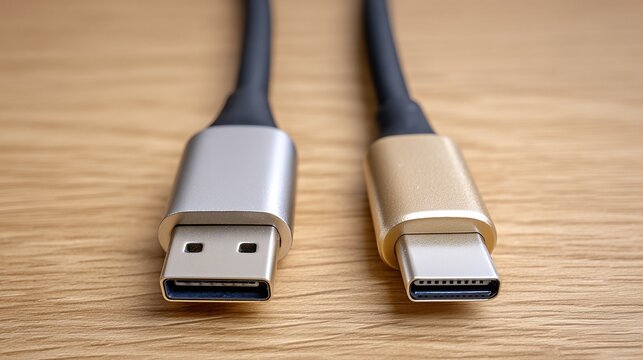 Two Different Types of Cables Are Laid on a Wooden Surface