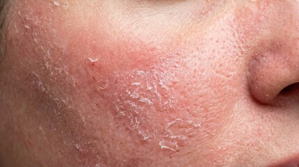 Fototapeta premium Extreme close up of red irritated facial skin with visible flaking. Illustrates dermatological conditions like eczema or rosacea. Suitable for medical and skincare educational content.