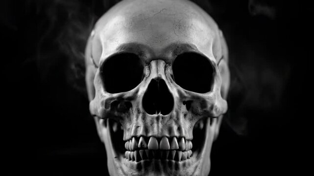 A grayscale image features a detailed human skull with smoke effect