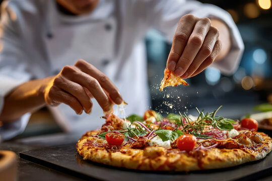 Chef garnishes freshly baked pizza with herbs and tomatoes in a modern kitchen setting