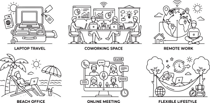 Digital nomad lifestyle icons set with remote work, coworking, travel, and flexible workspaces flat design vector illustration