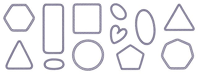 rope frame border set isolated on white bg, hexagon, square, oval and heart shape in sea sailor theme, nautical rope collection for marine design, ocean party invitations, coastal decor and maritime i © MSTFARIDA