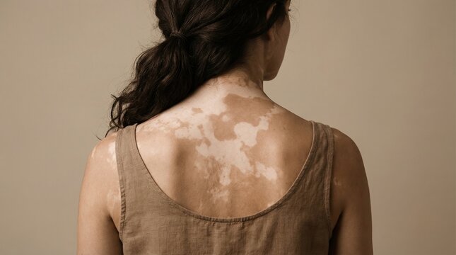 A woman with vitiligo skin condition shows white patches on her back. This image promotes body positivity and skin diversity. Ideal for dermatological articles and beauty campaigns.