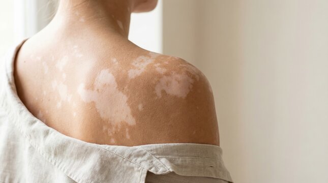 Close up of female shoulder with vitiligo patches. Represents skin health awareness and body positivity. Suitable for medical, wellness, and beauty content focusing on diversity and self love.