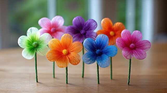Colorful Pipe Cleaner Flowers Arranged on a Wooden Surface in Natural Light