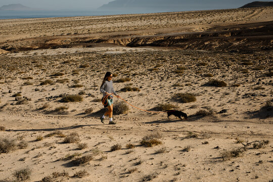 Panoramic view of a young woman strolling with her small dachshund