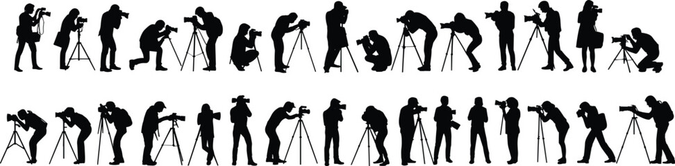 Photographer silhouettes with cameras and tripods professional photo shooting collection isolated on white background © It's Sohan Here