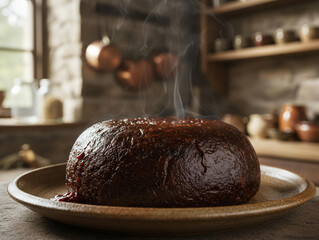 Traditional Clootie Dumpling Whole on Rustic Ceramic Plate with Steam
