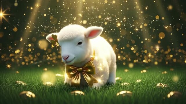 White lamb on green grass with golden bow and shamrock. St. Patricks Day celebration of luck and festive joy for greeting card.