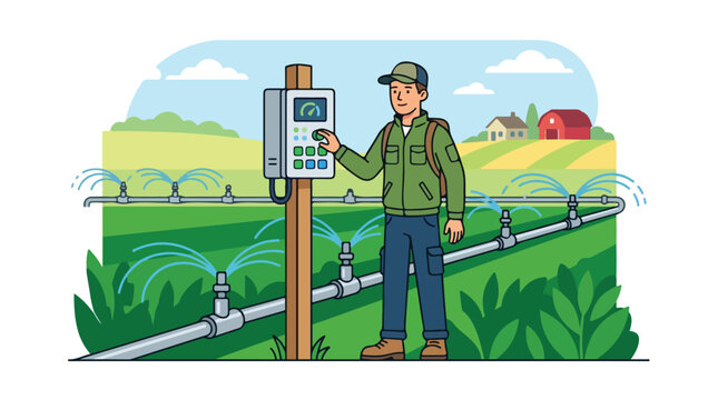 Illustration of a man adjusting an irrigation control box in a green field with a farm and sprinkler system in the background.
