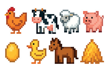 Set of pixel art farm animal icons featuring a chicken, cow, sheep, pig, egg, duck, horse, and haystack in a cute retro 8-bit video game style illustration