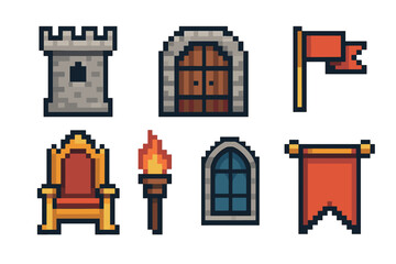 Obraz premium Pixel art medieval fantasy icon set with a stone tower, arched door, flag, royal throne, flaming torch, and banner for a retro 8-bit video game asset collection