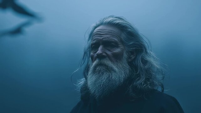 Old bearded man in mist with ravens flying, inspired by Scandinavian gods and Norse mythology