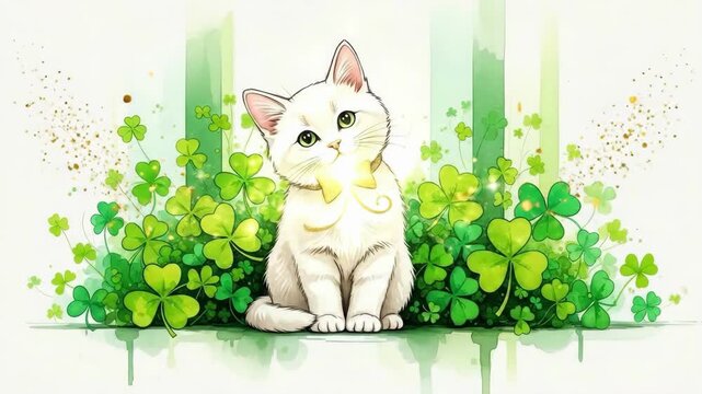 White cat with a golden bow tie sitting among green shamrocks. St Patricks Day concept for greeting card and holiday poster.