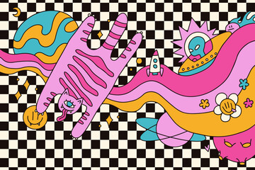 Psychedelic trippy space background with weird stretched cat, rocket and alien in UFO. Surreal melting galaxy landscape with checkerboard texture. Groovy retro 70s vibrant vector illustration.