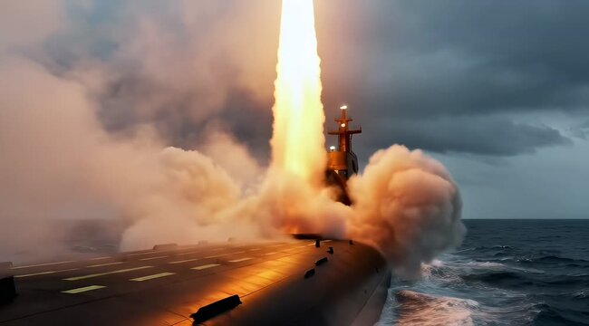 Submarine launch hatch opening to deploy missile in maritime scenario