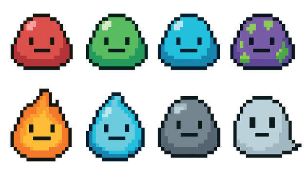 Pixel art slime characters in a set of eight elemental types like fire, water, stone, and ghost, designed as cute monster sprites for a retro 8-bit video game