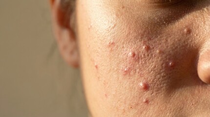 Fototapeta premium Close up view of human cheek with acne and pimples. Represents skin problems and dermatological issues. Ideal for medical articles, skincare marketing, and beauty education.