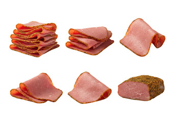 Assorted thin pastrami and roast-style beef slices with peppered crust, folded and stacked on a transparent background