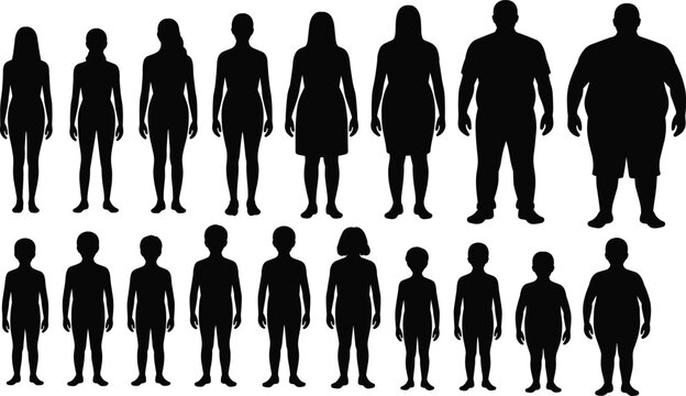 Human body silhouette collection showing different ages, genders and body types including children, adults and overweight figures isolated on white background