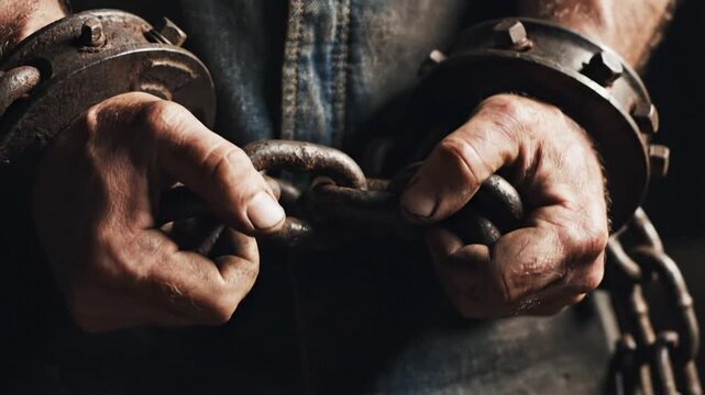 Person's hands in rusty metal shackles and heavy chains