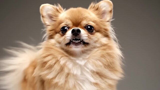 Adorable fluffy pomeranian dog in a sequence of expressions from calm to barking loudly. Small long-coat chihuahua puppy portrait series showing vocalization and emotion