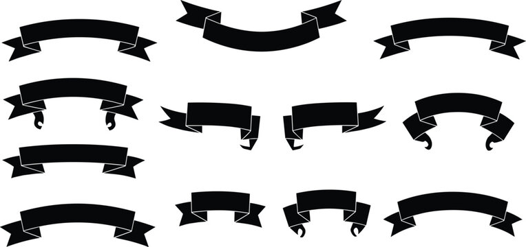 Collection of black ribbon banner silhouettes including curved and straight flag vector shapes isolated on white background for labels and titles