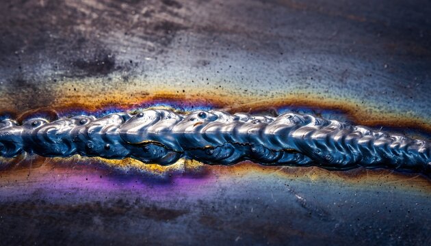 Close-up view of a metallic weld seam on a dark metal surface with iridescent heat discoloration.