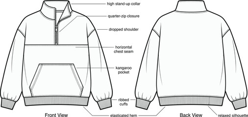 Labeled technical fashion sketch of a womens oversized quarter zip sweatshirt featuring front and back views with garment callouts, © VectoVerse